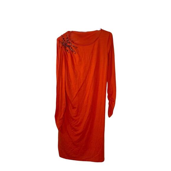 Susan Graver Dresses & Skirts - Susan Graver Liquid Knit Orange Ruched Embellished Long Sleeve Dress